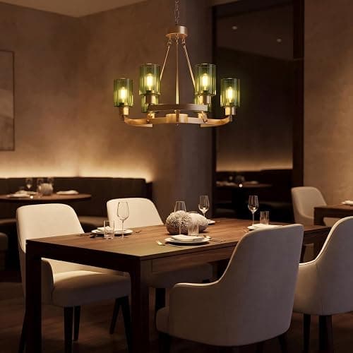 Virelite Modern Gold Chandelier 6-Light - 24" Olive Green Fluted Glass Pendant Light, High-End Brass Hanging Ceiling Fixture for Dining Room, Kitchen Island, Living Room thumbnail 7