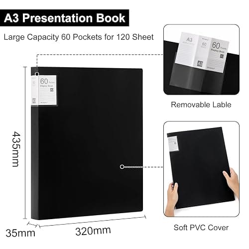 Srvnpioy 2 Stück A3 Päsentationsdisplay Buch, Sichtbuch in A3 Format, Mit 60 Klarsichthüllen für 120 Blatt, für Kunstwerke, Urkunden, Portfolio, Schwarz thumbnail 2