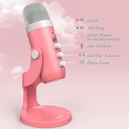 ZealSound Gaming USB Pink Microphone with Quick Mute for Phone Computer PC PS5,Studio Mic with Gain Control,Echo&Monitor Volume Adjust for Streaming Vocal Recording ASMR Podcast Video K66 thumbnail 5