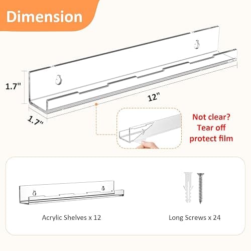 Optish 12 Pack Vinyl Wall Mount Shelf, 12" Vinyl Record Holder, Clear Record Shelf Display and Storage, Acrylic Shelves for Wall, Nursery, Living Room, Bedroom thumbnail 3