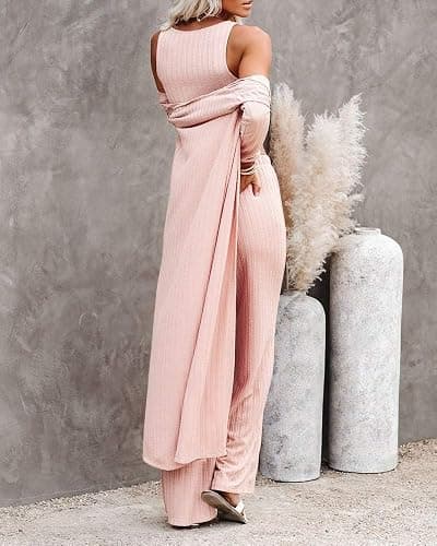 3 Piece Lounge Pajamas Sets for Women Airport Travel Vacation Outfits Spring Cardigan Matching Sleeveless Vest Pants Set thumbnail 4