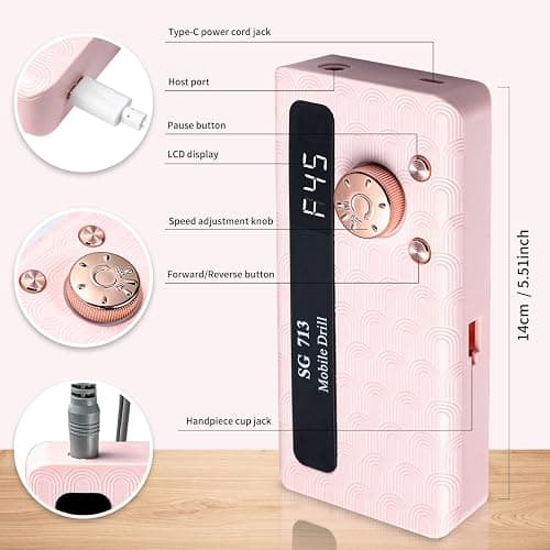 Electric Nail Drill - 45000RPM Portable Nail Drill丨Rechargeable Nail E-File Kit with 11 Bits & Base丨LED Screen丨Ultra-Silent, Rechargeable Nail Drills Machine for Acrylic Nails Gel Polishing(Pink) thumbnail 6