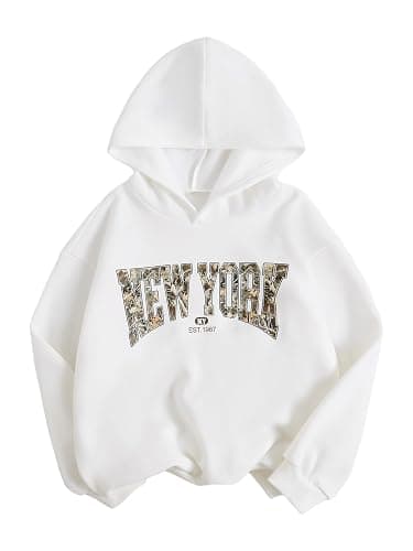 COZYEASE Girl's Letter Camo Graphic Hooded Sweatshirt Long Sleeve Drop Shoulder Hoodie 2025 Fall Outfits Pullover Tops - Image 1