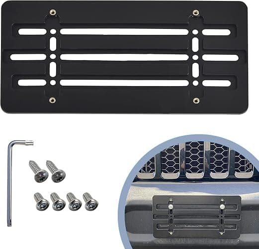Front Bumper License Plate Bracket for Jeep 2000-2025, Plate Holder Set w 6 Unique Screw Bolts & Wrench Kit, License Tag Mounting Kit, Quality Plate Holders, Premium Car Accessories - Image 1