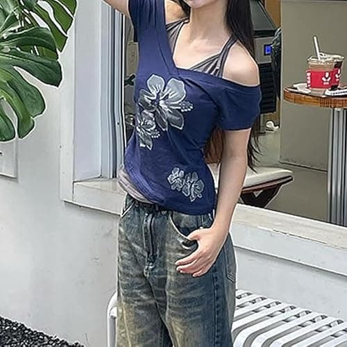 Emo Grunge Shirts Women 2000s Graphic Baby Tees Fake Two Piece Short Sleeve Vintage Y2k Crop Top Goth Alt Clothes thumbnail 4