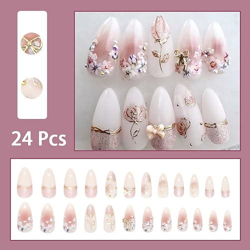 24Pcs Flower Press on Nails Medium Almond Fake Nails with Bow Rhinestones Designs Pink Acrylic Nails Glitter Glue on Nails Cute Floral False Nails Rose Flowers Stick on Nails for Women Nail Supplies thumbnail 6