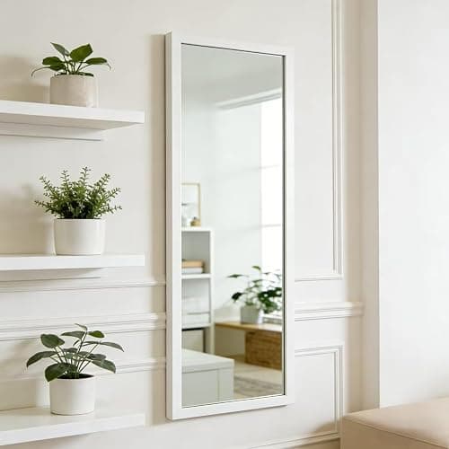 whitebeach 48" x 16" Over The Door Full Length Mirror Wall Mounted Hanging with 2 Metal Hangers for Bedroom Living Room Bathroom White thumbnail 6
