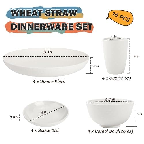 Perlapoc Wheat Straw Plates and Bowls Sets of 16，Unbreakable Dinnerware Sets for 4, Microwave & Dishwasher Safe Kids Dish Set for Kitchen, Outdoor, Camping, Party, RV- White thumbnail 3