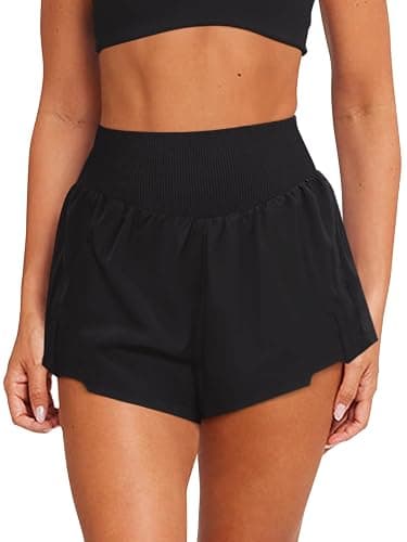 LASLULU Womens Ribbed High Waisted Gym Shorts Running Shorts Zip Pocket - Image 1