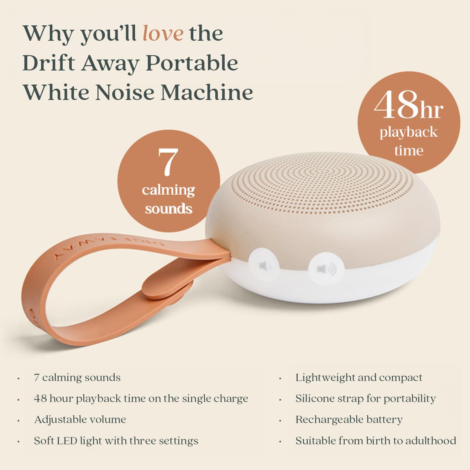 ergoPouch Drift Away Portable White Noise Machine, Taupe – 7 Soothing Sounds, Adjustable LED Light, USB Rechargeable, Up to 48 Hours Battery Life – Promotes Deep, Restorative Sleep for Babies and Adults. thumbnail 3