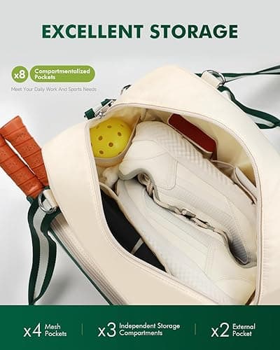 Movker Pickleball Tote Bag for Women Men with Paddle Cover Pocket External Ball Bag and Adjustable Shoulder Strap Fence Hook - Beige thumbnail 4