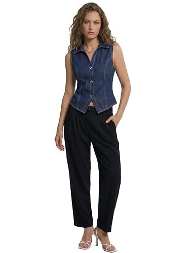 LYANER Women's Denim Vest Sleeveless Collared V Neck Button Down Casual Summer Jean Tank Shirt Top thumbnail 6