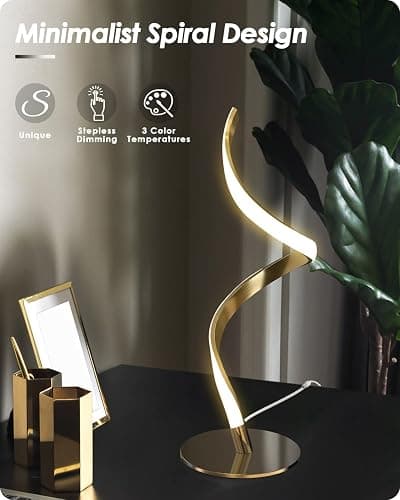 Yarra-Decor Modern Spiral Bedside Lamp - 3 Colors Touch Control LED Table Lamp, Stepless Dimmable Nightstand Lamps for Bedroom Living Room & Office, Gold(3000K 4000K 5000K) thumbnail 2