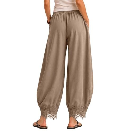 Womens Cropped Lace Trim Pants High Waisted Elastic Drawstring Wide Leg Trousers Casual Flowy Boho Pant with Pockets thumbnail 5