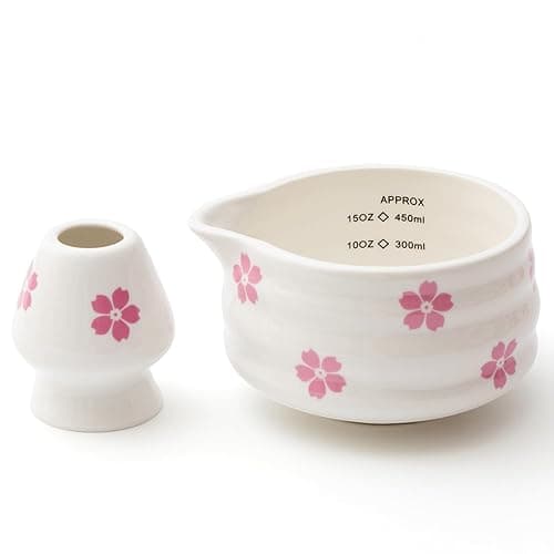 YumiPLUS 2pcs Matcha Bowl with Whisk Holder, Ceramic Cherry Blossom Matcha Bowl with Spout, 16.5OZ Porcelain Bowl with Measurement Marks,Tea Mixing Bowl with Whisk Stand, Matcha Gift (sakura) - Image 1