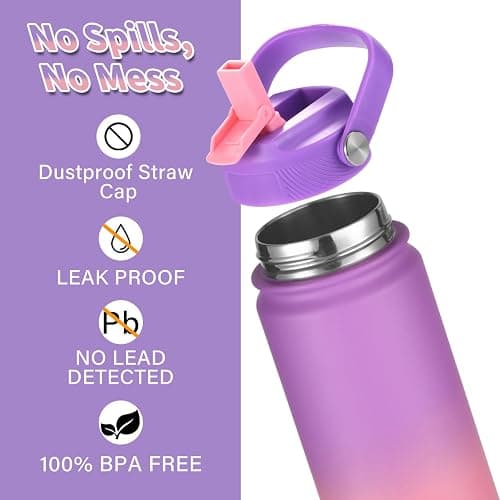 Mininoo Insulated Stainless Steel Kids Water Bottle for School with Straw Lid & Strap, 50 Stickers, 18 oz(Purple/Pink) thumbnail 5