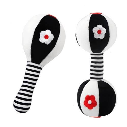 JoyLife Jouets D'éveil Bebe 0 3 6 12 Mois, Noirs et blancs Jouet de Peluche Hochets Haltère Cadeau pour Bebe Garçon Fille, Voyage Douce Jouets en Peluche avec des sons pour Nouveau-né cadeaux - Image 1
