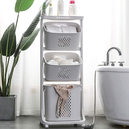 bretoes Manskskim Bathroom Laundry Basket 3 Layer Clothes Storage Basket Household Kitchen Shelf Fruit Stand Bathroom Simple Storage Shelf with Wheels thumbnail 5