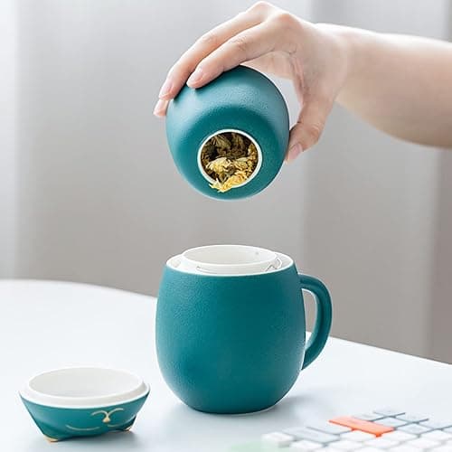 DUANMUL Cat Mug Cute Ceramic Coffee Cup with Infuser and Lid,Filter for Steeping Loose Leaf,kawaii coaster,Novelty Morning Cup Tea Milk Christmas Mug Chinese Handmade Porcelain Teacup(Green） thumbnail 2