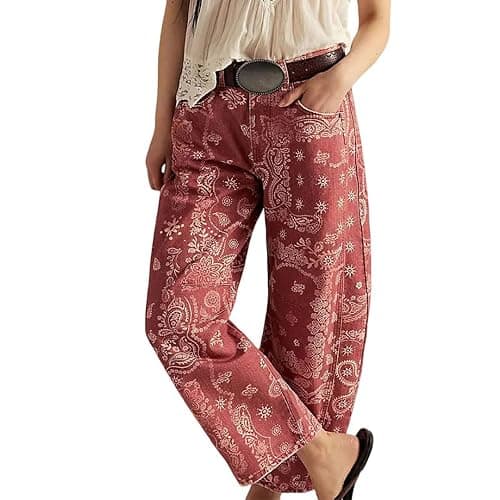 Vintage Barrel Pants for Women Baggy Floral Print Mid Rise Wide Leg Faux Denim Ankle Pants Loose Y2k Barrel Pants - Image 1