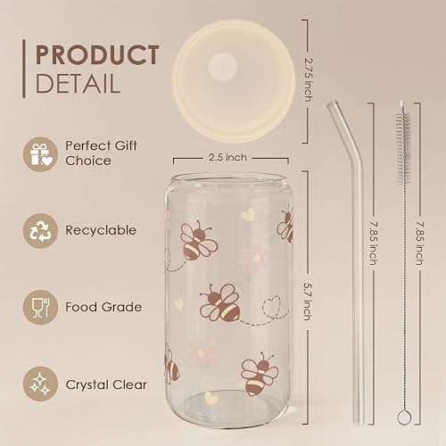 SANDJEST Bee 16oz Can Glass Tumbler with Acrylic Lid & Straw - Iced Coffee Cup for Women Girls, Aesthetic Cups Gifts for Birthday Christmas thumbnail 3
