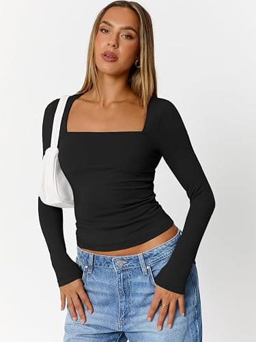 Trendy Queen Womens Long Sleeve Shirts Going Out Tops Square Neck Crop Workout Tops thumbnail 2