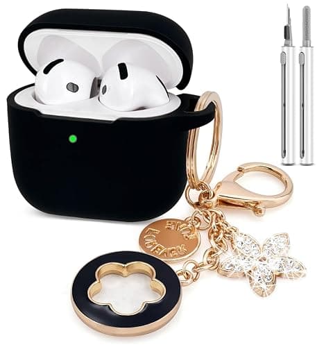 Koujaon Airpods 4 Cases Silicone Protective Case for Airpod 4 with Bling Keychain for Apple AirPods 4th Generation Wireless Earbuds with Cleaner Kit (Black) - Image 1