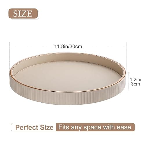 GORESE 12" Round Decorative Tray for Coffee Table, PU Leather Compact Serving Tray for Home Decor & Everyday Accents, Modern Nightstand Tray for Jewelry & Perfume, Beige thumbnail 3