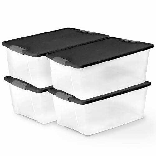 HOMZ 4-Pack Secure Latch, Clear Plastic Storage Organizer Bins, 15 Quart, Gray Lid - Stackable Container Boxes for Bedroom, Bathroom, Garage, and Office Organization - Image 1