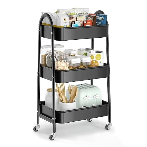 EAGMAK 3 Tier Utility Rolling Cart, Metal Storage Cart with Handle and Lockable Wheels, Multifunctional Storage Organizer Trolley with Mesh Baskets for Kitchen, Living Room, Office, Garage (Black) - Image 1