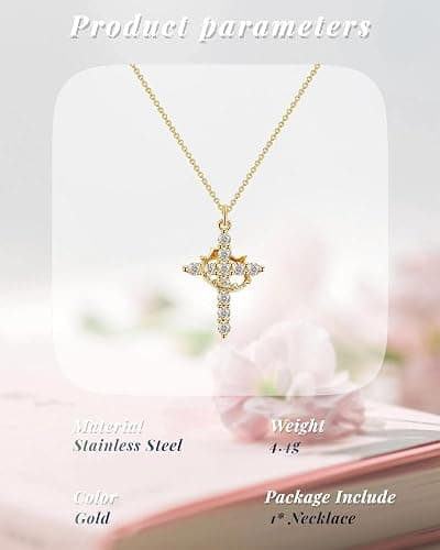 Ticome Rotatable Crown Cross Pendant Necklace,Fashion Creative Personality Stainless Steel Zirconia Necklace Jewellery for Men Women(Gold) thumbnail 2