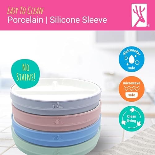 Elk and Friends Kids 6.7” Porcelain Divided Plates with Silicone Sleeves | Suitable for Babies/Kids/Toddlers | Microwave & Dishwasher Safe | Non Slip | Snack Dishes - Sage/Misty Blue/Navy/Gray - 6.7" Divided thumbnail 7