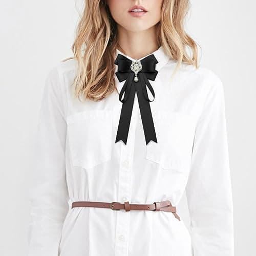 LJBFNN Bow Tie For Women, Pre-Tied Ribbon Tie Adjustable Bowtie with Rhinestone Girl Bow Ties for Collared Blouse Shirt Dress thumbnail 2