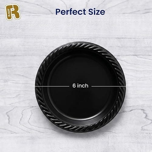 R-kay 100 Pack 6 Inch Black Plastic Plates Disposable - Heavy Duty Black Dessert Plates Disposable - Microwavable Small Disposable Plastic Plates thumbnail 2