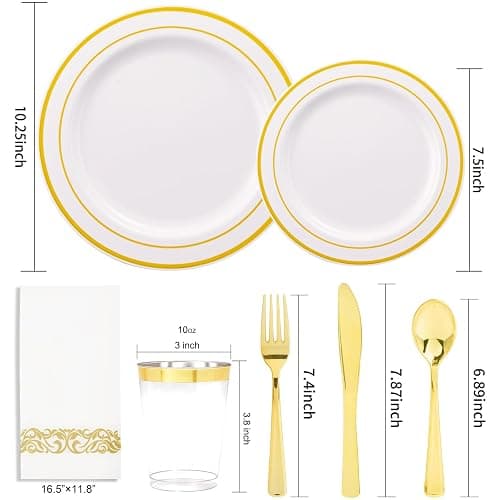 350 Pieces White and Gold Plastic Plates - 50 Guest Dinnerware Set Include 100 Plates, 50 Gold Plastic Silverware, 50 Paper Napkins and 50 Cups for Party Wedding Valentine's Day thumbnail 3
