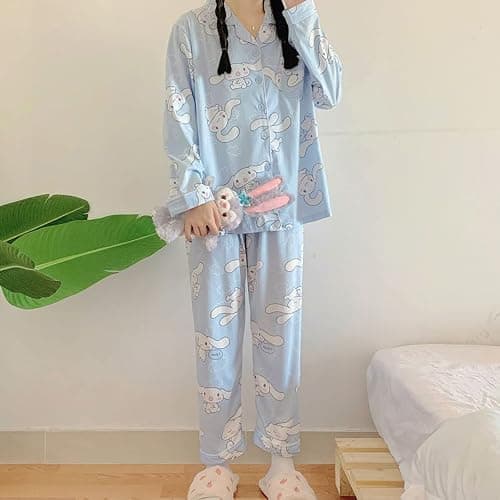 Ocroyea Kawaii Pajamas For Women Two-Piece Set Cute Cartoon Girls Pajamas Casual Cardigan Sleepwear Home Clothes thumbnail 2