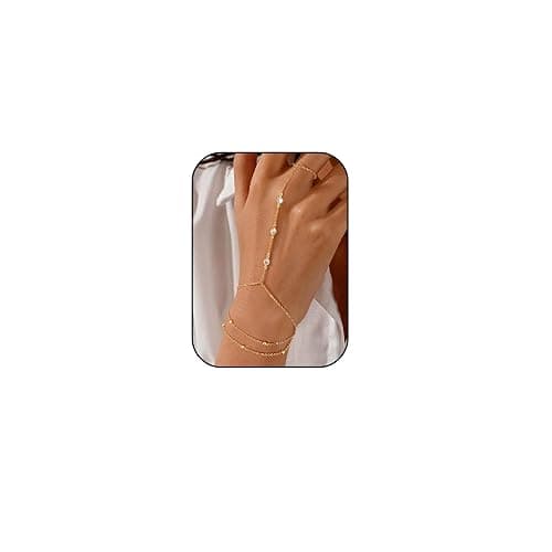 Gold Bracelets for Women, 14k Gold Plated Hand Chain Bracelet, 2 Pcs Ring Bracelets for Women Trendy Dainty Cubic Zirconia Bracelet Ring Bracelet Hand Jewelry Adjustable 6.3'+2' - Image 1