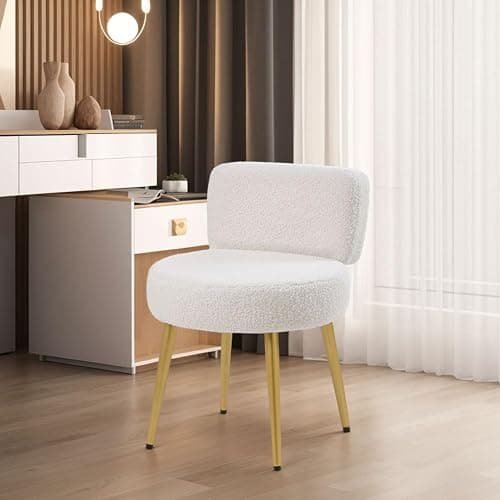 Warmiehomy Dressing Table Stool with Gold Legs and Tufted Back Comfy Makeup Vanity Stool Chair for Dressing Table, Bedroom, Living Room, White, Teddy Velvet thumbnail 4