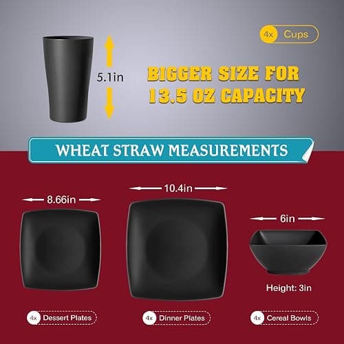 Teivio 16-piece Plastic Wheat Straw Square Dinnerware Set for 4, Unbreakable Dinner Plates, Salad Plates, Snack Bowls, Tumblers 13.5 oz, Dishwasher Safe, Black Matte - Matte Black thumbnail 2