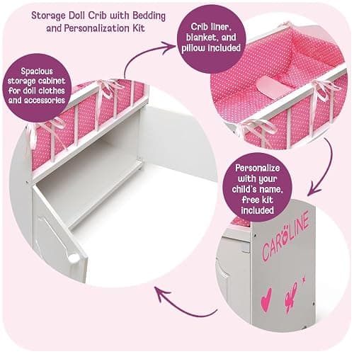 Badger Basket Wooden Baby Doll Crib with Storage, Bedding & Blanket - White | Fits up to 22" dolls; includes crib liner, blanket, pillow, storage cabinet, wood build & personalization kit. thumbnail 4