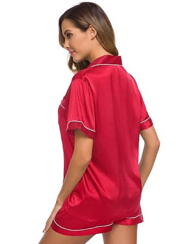 SWOMOG Womens Silk Satin Pajamas Set Short Sleeve Sleepwear Button Down Top and Shorts Loungewear 2 Piece Pjs Set XS-3XL thumbnail 5