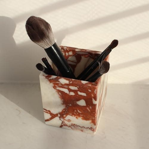 Calacatta Red Marble Toothbrush Holders for Bathroom, Natural Marble Makeup Brush Holder Countertop Organizer thumbnail 3