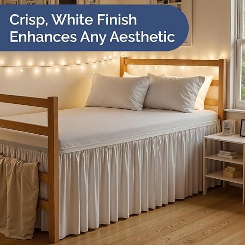 Wrap Around Dorm Room Bed Skirt - For Twin XL Size Beds w/ 30 Inch Drop - Extra Long Dust Ruffled College Bedskirt with Split Corners - Easy Fit Elastic Strap - Adjustable, Fade & Wrinkle Free - White thumbnail 7