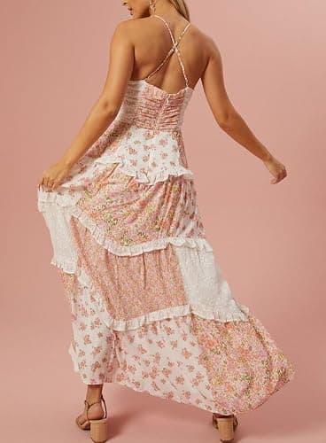 Women Y2k Floral Smocked Maxi Dress Bow Tie Shoulder Tiered Ruffle Midi Sun Dress Boho Casual Beach Long Dresses thumbnail 4