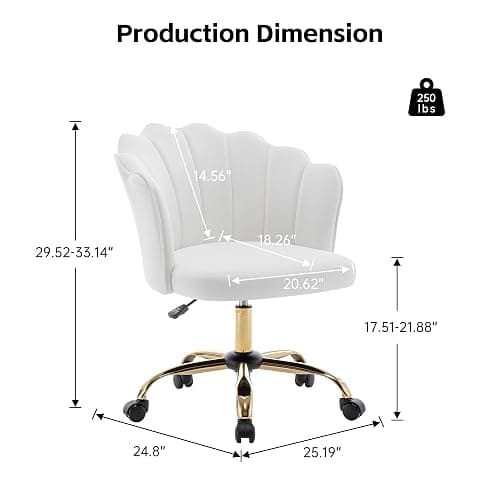 DRKAT Swivel Office Chair, Modern Home Office Desk Chair, Velvet Shell Back Vanity Chair with Golden Metal Base, Height Adjustable Upholstered Cute Task Chair, Ivory thumbnail 2