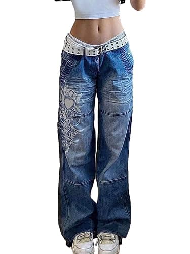 Xineicy Women's Low Rise Heart Pattern Baggy Jeans Washed Wide Leg Denim Cargo Pants - Image 1