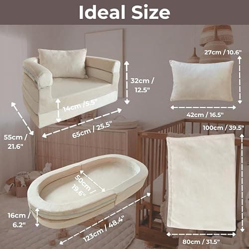 Wonder Space Kids Foam Couch with Blanket & Pillow, Pre-Assembled Toddlers 3-in-1 Convertible Sofa, Indoor Foadable Lounger Chair & Flip Open Floor Bed for Boys & Girls (Ivory) thumbnail 6