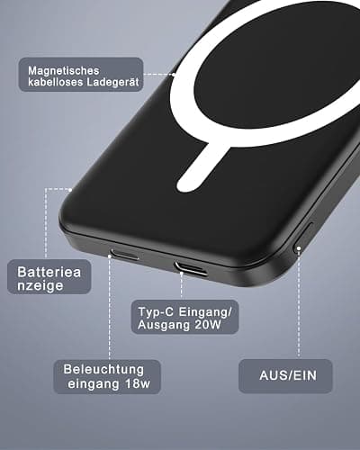 Podoru for Magsafe Powerbank iPhone 5000mAh,Powerbank mag-Safe mit Typ-C Kabel,Power Bank Magnetisch PD 20W Schnellladen,Powerbank mag-Safe für iPhone 17/16/15/14/13/12/All Series-Schwarz thumbnail 5