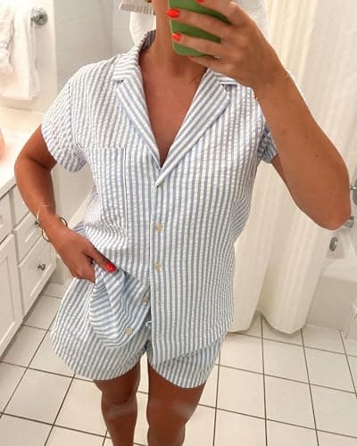 codcm Womens Striped Pajama Set Cute Heart Pjs Sleepwear Short Sleeve Shirt and Shorts Set thumbnail 2