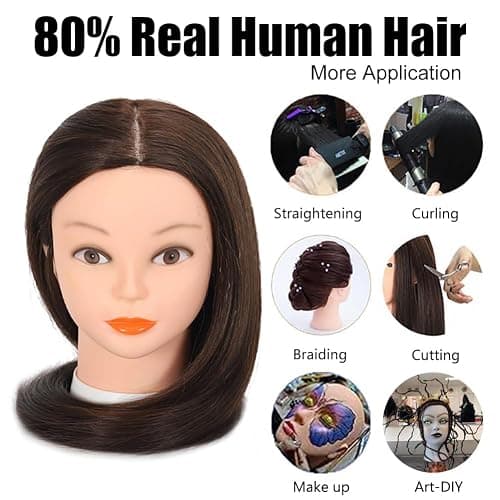 Opini 26”-28”Mannequin Head 80% Real Hair Manikin Head Cosmetology Doll Head for Styling Mannequin Head Human Hair (#4 Dark Brown) thumbnail 3